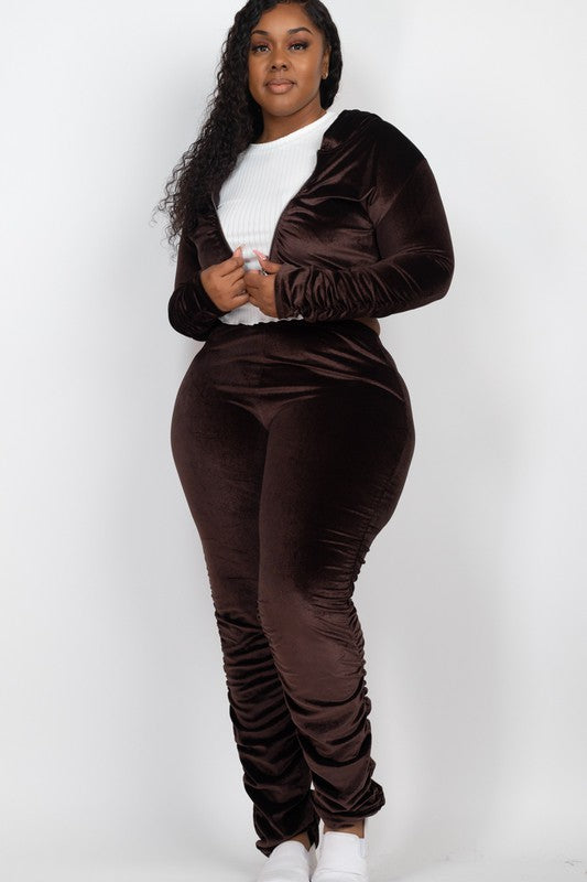 Plus Velour Zip Up Jacket & Stacked Pants Set