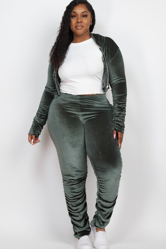 Plus Velour Zip Up Jacket & Stacked Pants Set