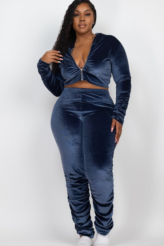 Plus Velour Zip Up Jacket & Stacked Pants Set