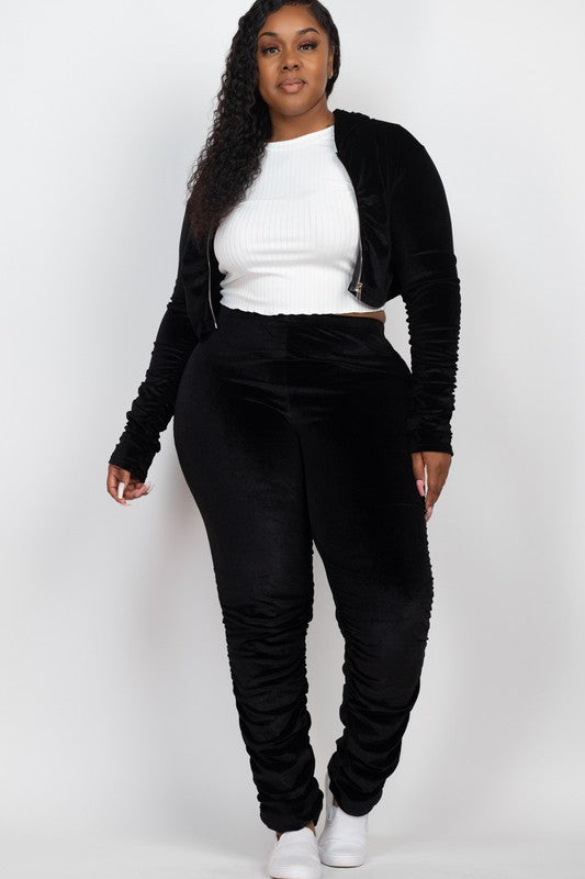 Plus Velour Zip Up Jacket & Stacked Pants Set