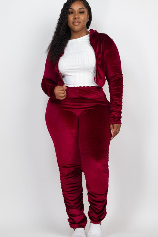 Plus Velour Zip Up Jacket & Stacked Pants Set