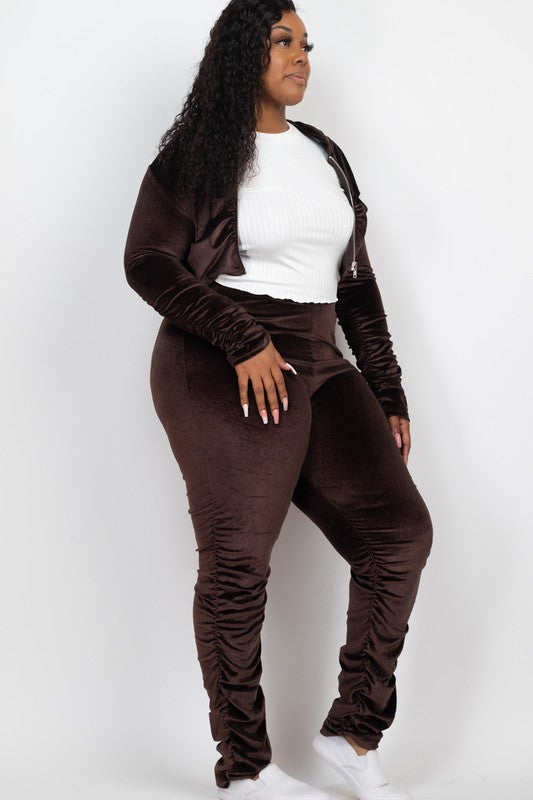 Plus Velour Zip Up Jacket & Stacked Pants Set
