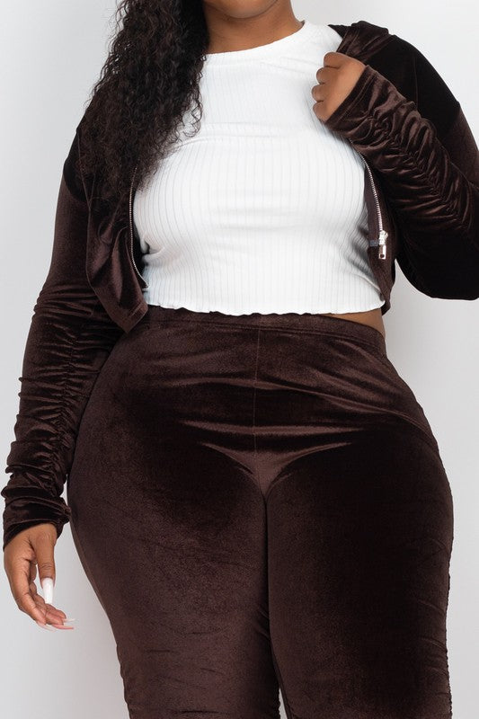 Plus Velour Zip Up Jacket & Stacked Pants Set