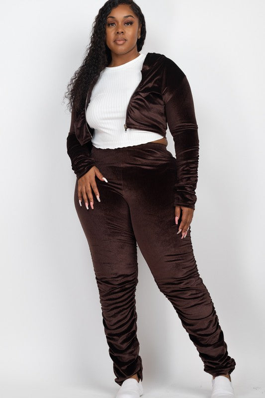 Plus Velour Zip Up Jacket & Stacked Pants Set