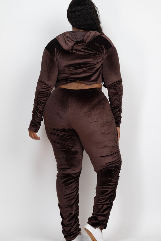 Plus Velour Zip Up Jacket & Stacked Pants Set