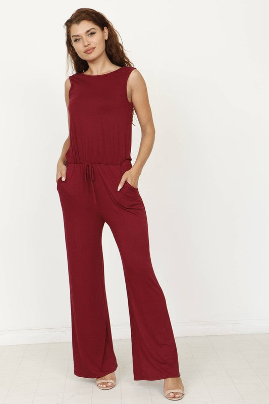 plus solid draw string pocket jumpsuit