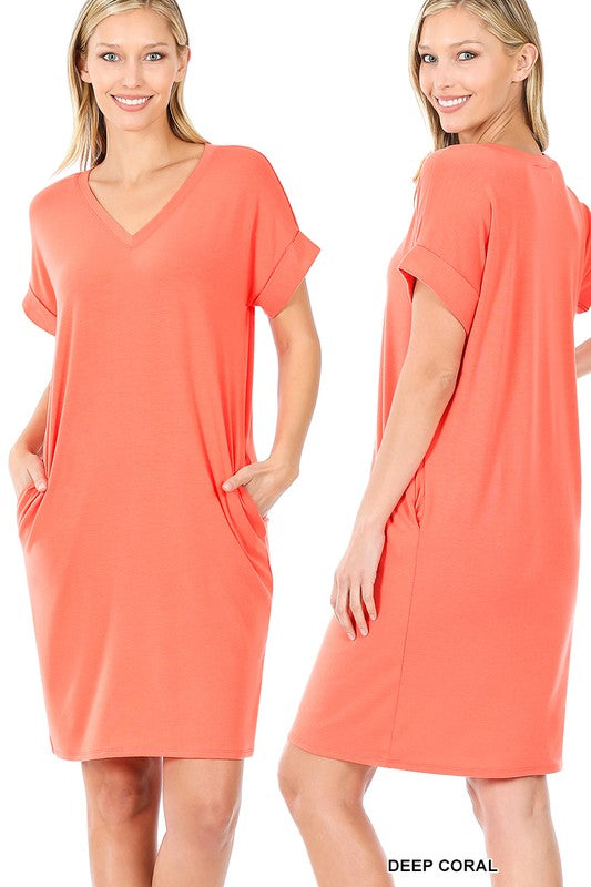 Rolled Short Sleeve V-Neck Dress