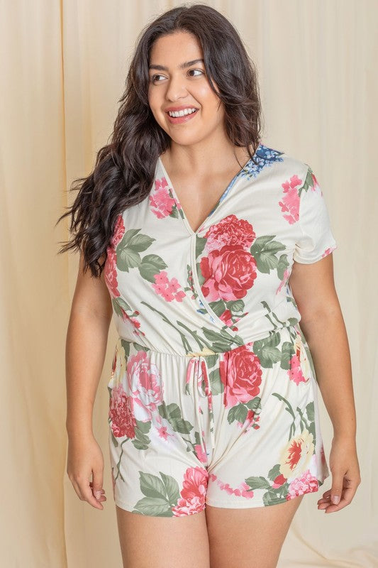 Plus Surplice Drawstring Floral Romper