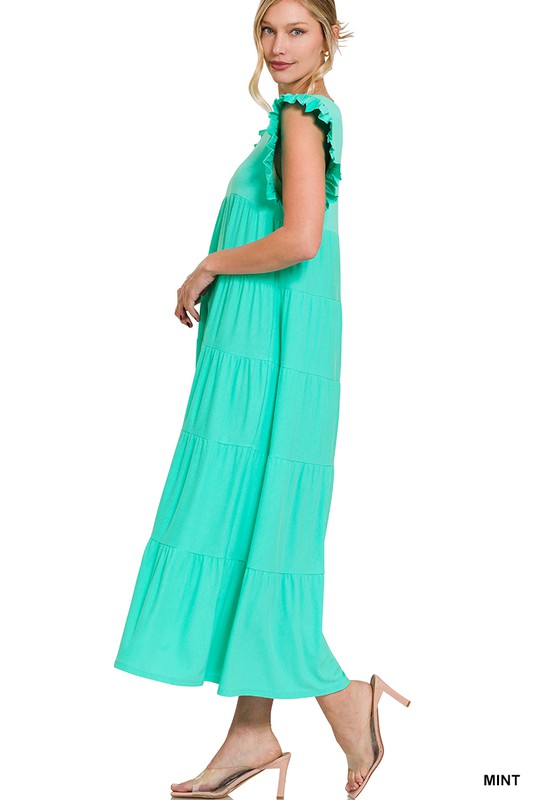 Ruffled Cap Sleeve Babydoll Tiered Maxi Dress