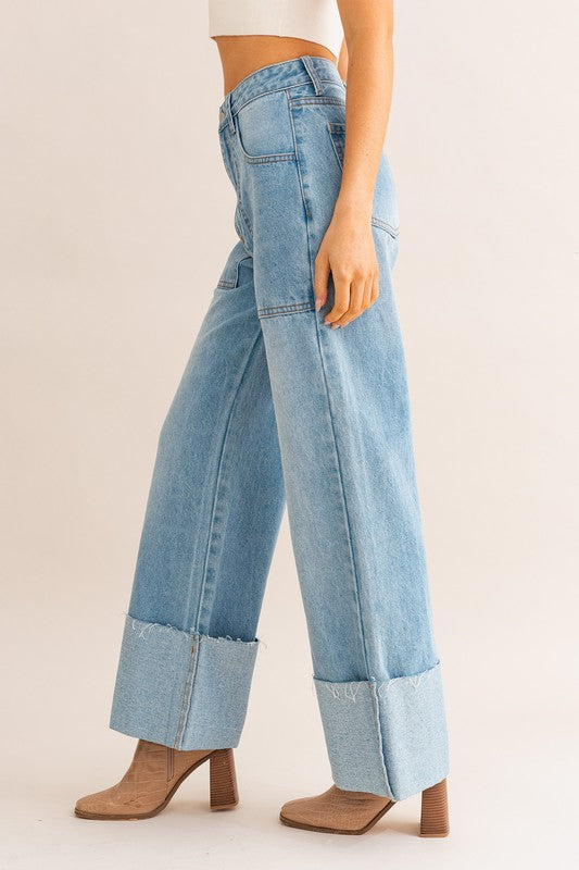 High-Waisted Wide Leg Cuffed Jeans