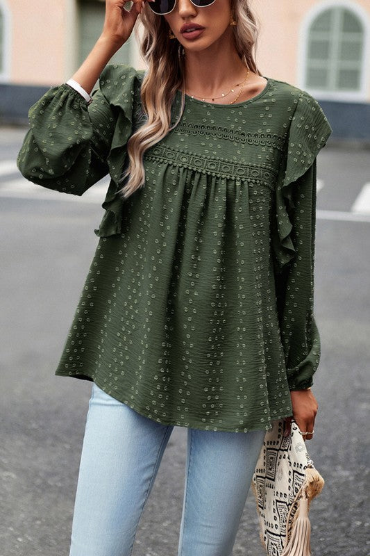 Lace Eyelet Ruffle Shoulder Long Sleeve Blouse