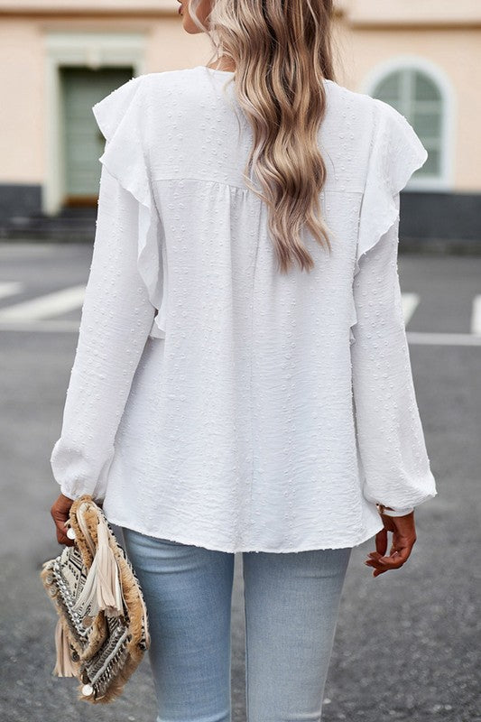 Lace Eyelet Ruffle Shoulder Long Sleeve Blouse