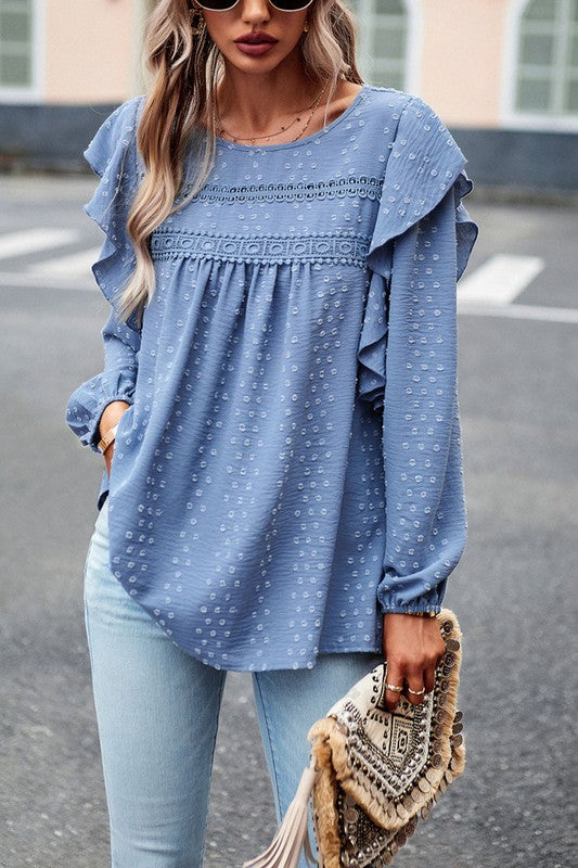 Lace Eyelet Ruffle Shoulder Long Sleeve Blouse