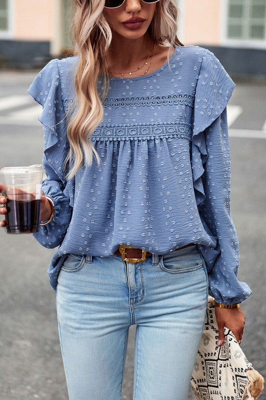 Lace Eyelet Ruffle Shoulder Long Sleeve Blouse