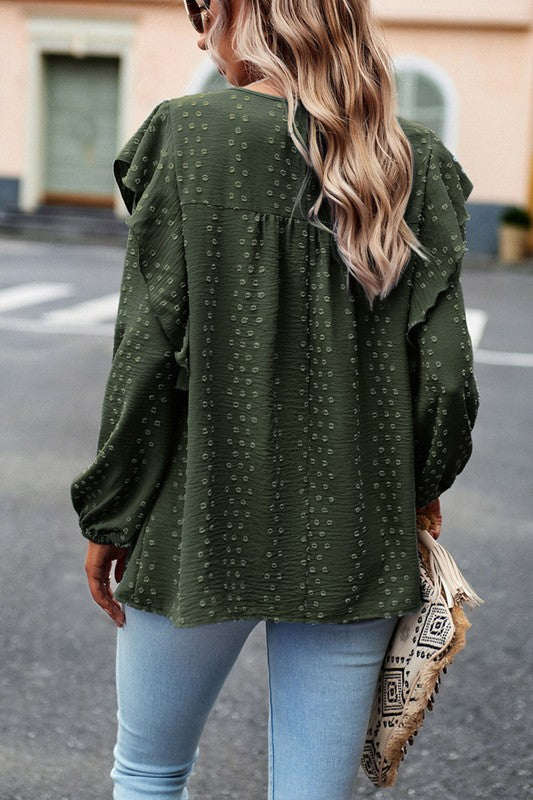 Lace Eyelet Ruffle Shoulder Long Sleeve Blouse