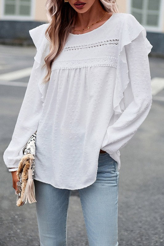 Lace Eyelet Ruffle Shoulder Long Sleeve Blouse