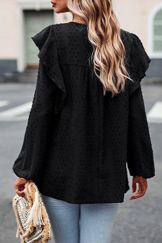 Lace Eyelet Ruffle Shoulder Long Sleeve Blouse