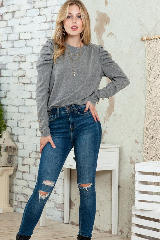 Basic Buttoned Puff Long Sleeve blouse top