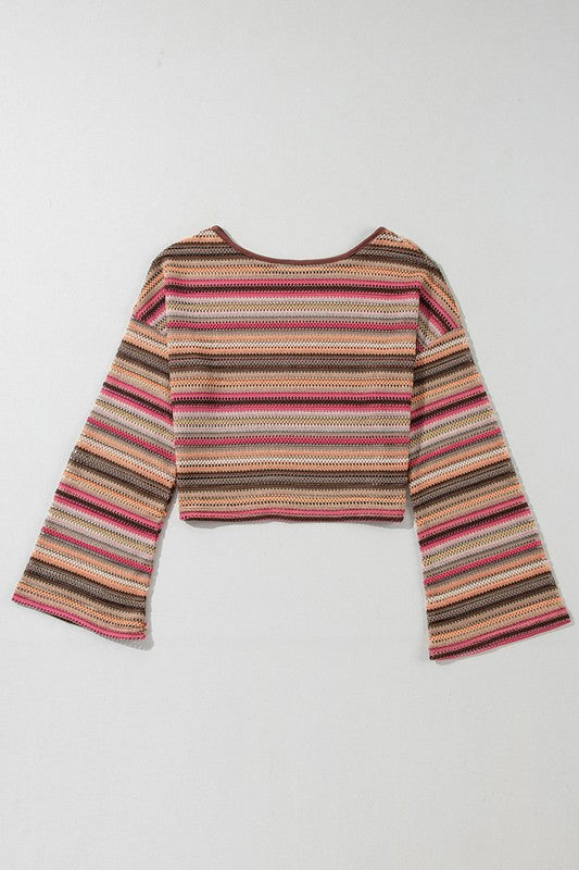 Red Ethnic Striped Wide Cropped Long Sleeve Top