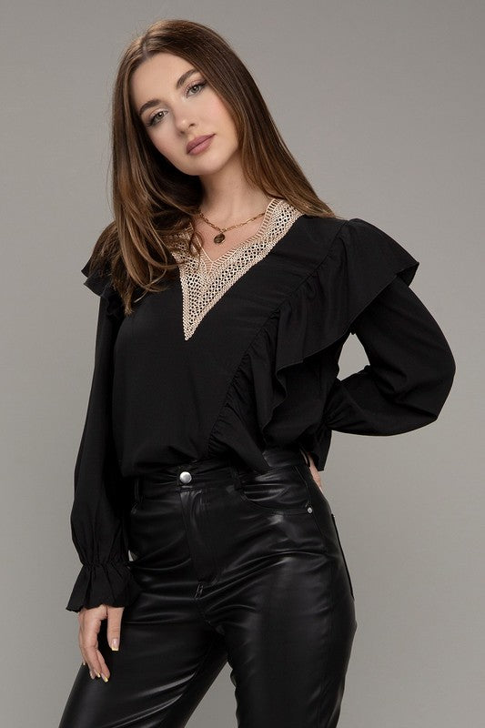 V neck lace trim long sleeve blouse